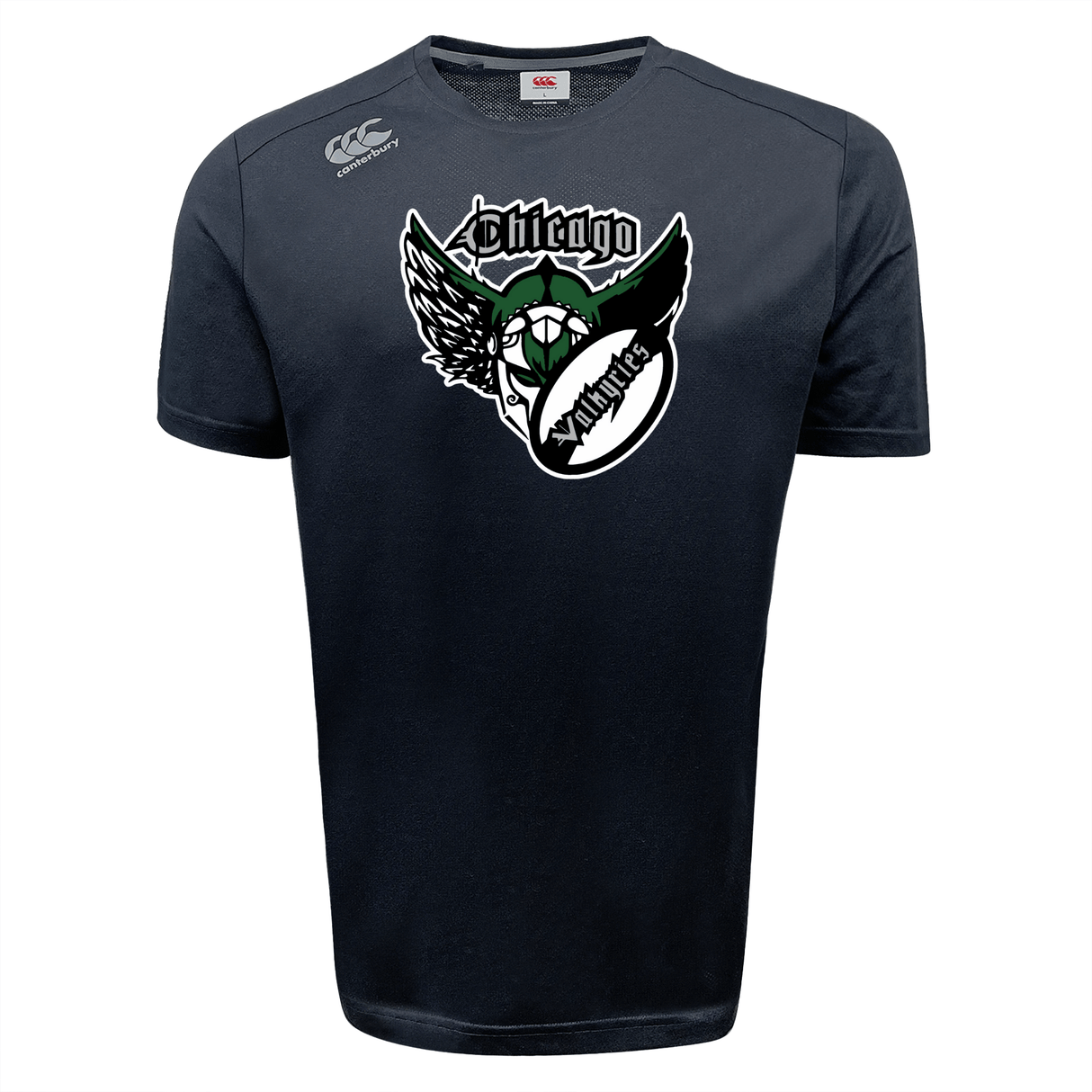 Navy blue Chicago Valkyries Tempo Vapodri t-shirt by WRS Canterbury with a graphic design featuring the word "Chicago" and a stylized green and white bird emblem on the chest, incorporating moisture-wicking Vapodri technology.