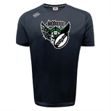 Navy blue Chicago Valkyries Tempo Vapodri t-shirt by WRS Canterbury with a graphic design featuring the word "Chicago" and a stylized green and white bird emblem on the chest, incorporating moisture-wicking Vapodri technology.