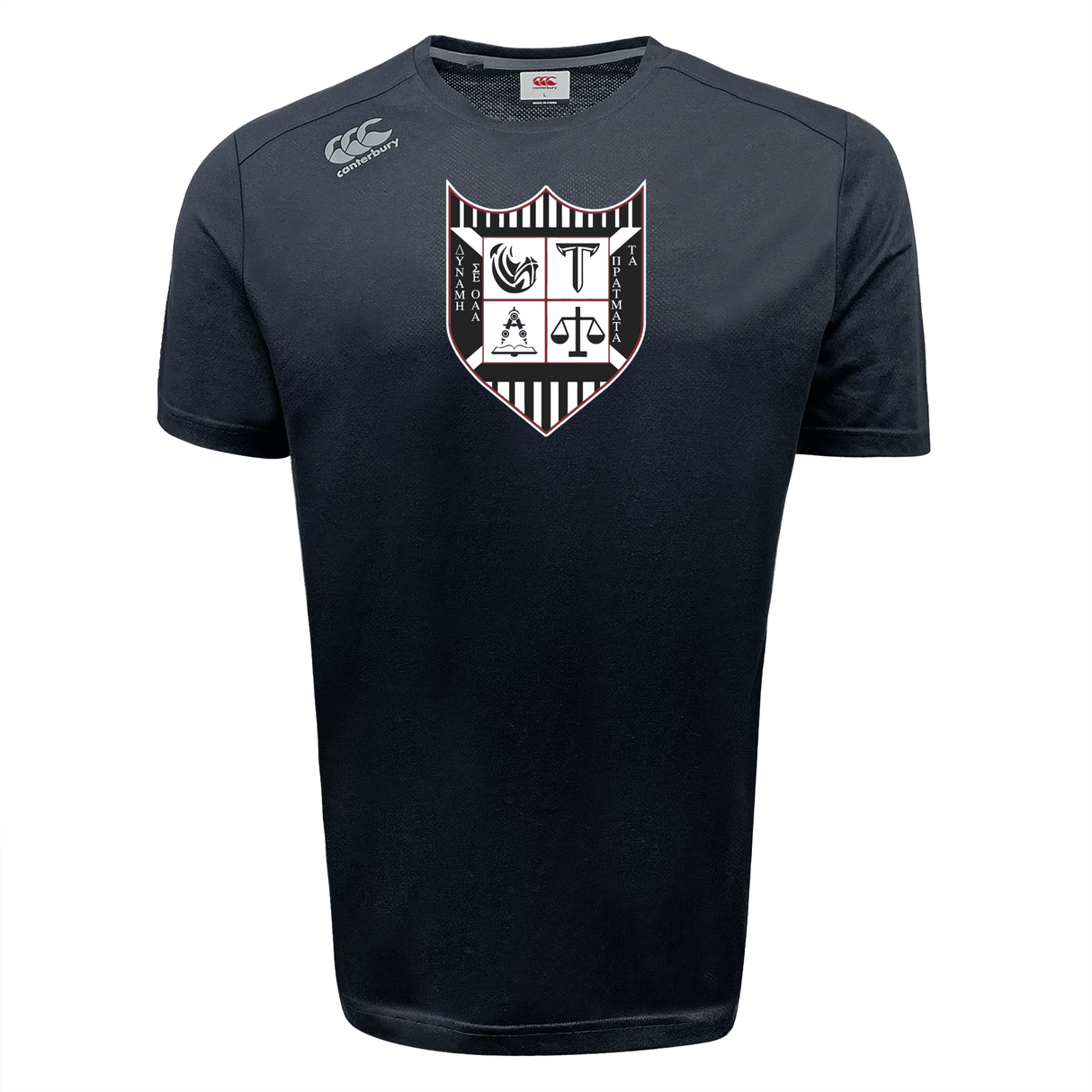 Troy University Rugby Tempo Vapodri T-Shirt by WRS Canterbury with a crest design on the chest featuring geometric symbols and stylized illustrations in white and gray.