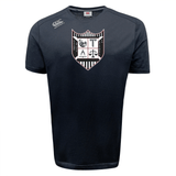 Troy University Rugby Tempo Vapodri T-Shirt by WRS Canterbury with a crest design on the chest featuring geometric symbols and stylized illustrations in white and gray.