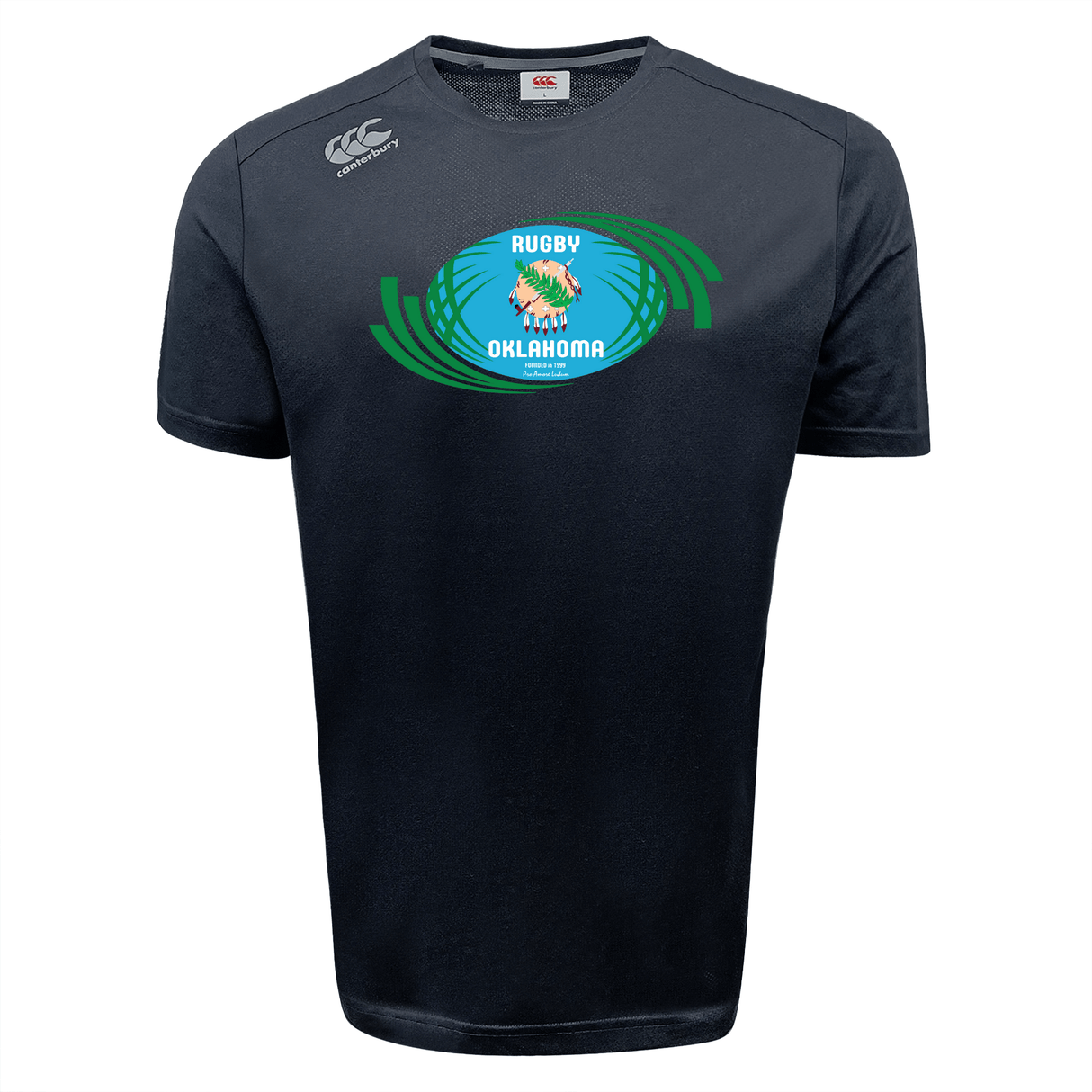 Navy blue Rugby Oklahoma Tempo Vapodri t-shirt by WRS Canterbury featuring a stylized rugby ball and green wreath on the chest, enhanced with moisture-wicking VapoDri technology.