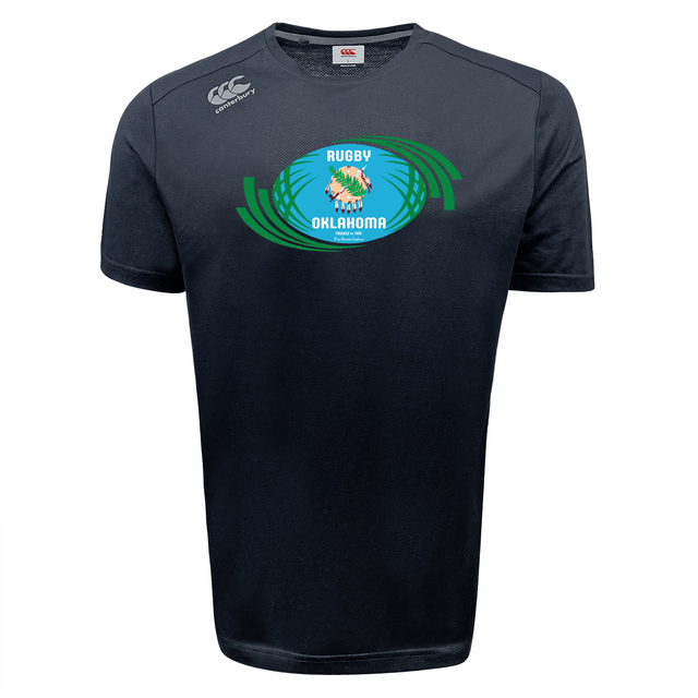 Navy blue Rugby Oklahoma Tempo Vapodri t-shirt by WRS Canterbury featuring a stylized rugby ball and green wreath on the chest, enhanced with moisture-wicking VapoDri technology.
