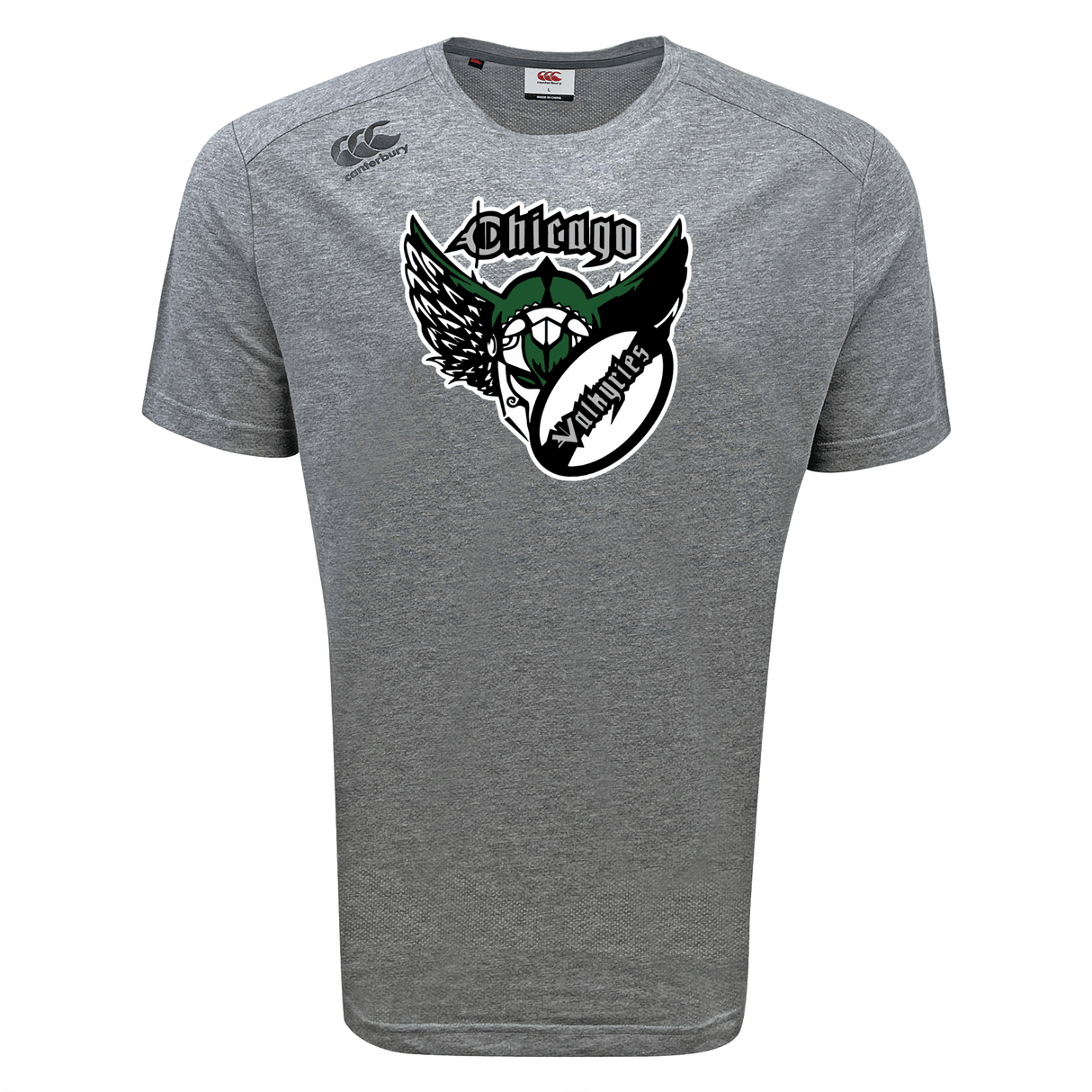 Gray sports tee with "Chicago Valkyries Tempo Vapodri T-Shirt" printed above a green and black eagle emblem, displayed on a plain background by WRS Canterbury.
