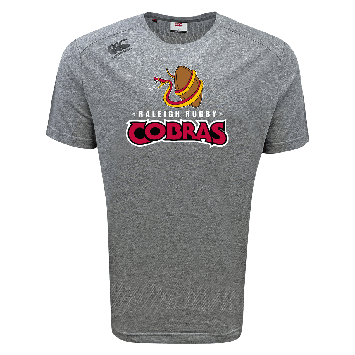 A grey Raleigh Cobras Rugby Tempo Training Tee by Canterbury t-shirt featuring the word "Cobras" for WRS Canterbury.