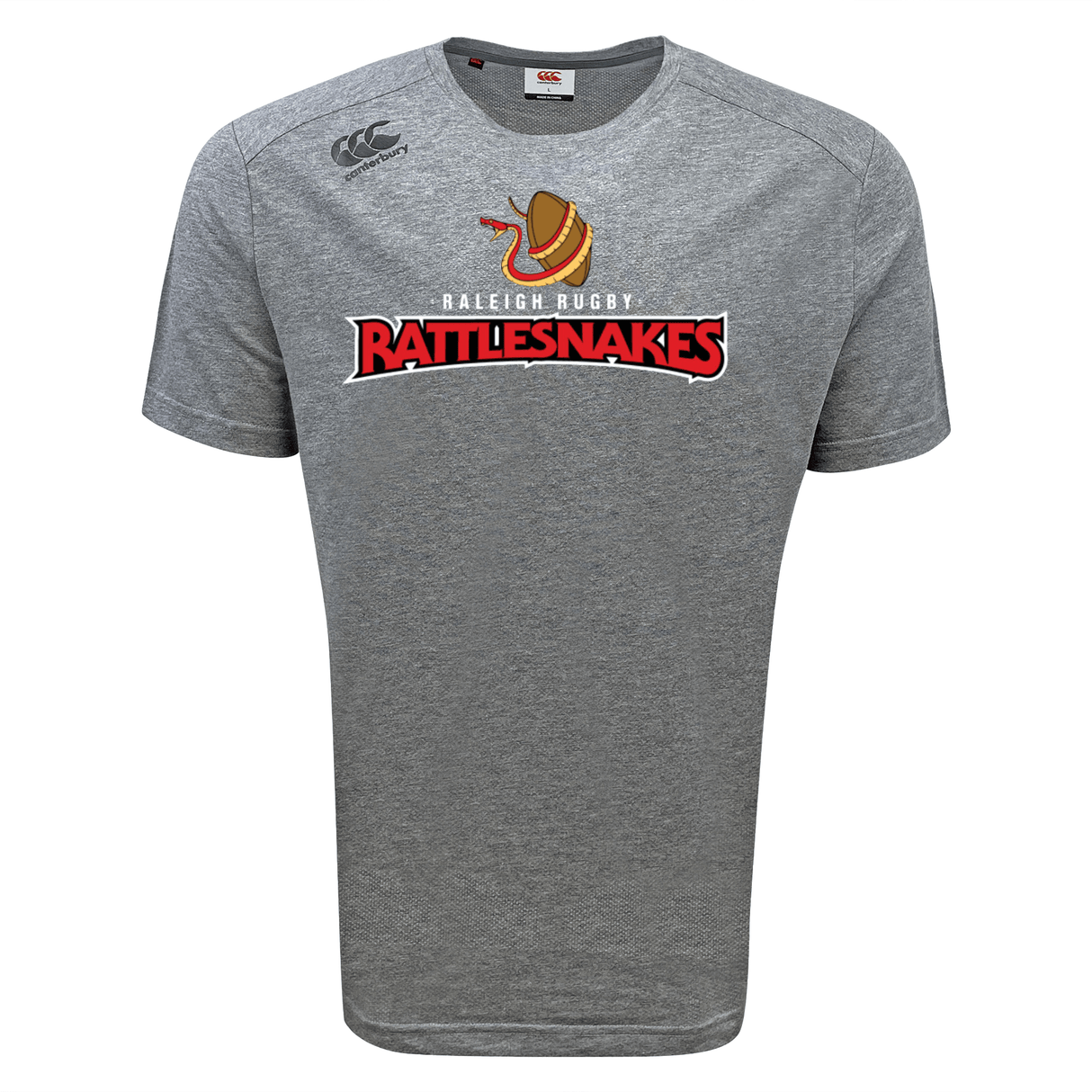 A WRS Canterbury grey t-shirt with the word Raleigh Rattlesnakes Rugby Tempo Training Tee by Canterbury on it.