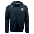 The West Potomac RFC Tempo Vapodri Full-Zip Hoodie by EMB Canterbury is a navy blue hoodie with a hood, drawstrings, and white printed logos. Moisture-wicking fabric keeps you comfortable and stylish during any activity.