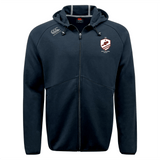 The West Potomac RFC Tempo Vapodri Full-Zip Hoodie by EMB Canterbury is a navy blue hoodie with a hood, drawstrings, and white printed logos. Moisture-wicking fabric keeps you comfortable and stylish during any activity.