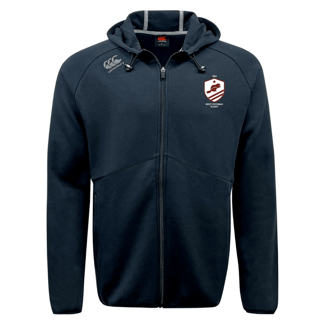 The West Potomac RFC Tempo Vapodri Full-Zip Hoodie by EMB Canterbury is a navy blue hoodie with a hood, drawstrings, and white printed logos. Moisture-wicking fabric keeps you comfortable and stylish during any activity.