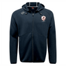 The West Potomac RFC Tempo Vapodri Full-Zip Hoodie by EMB Canterbury is a navy blue hoodie with a hood, drawstrings, and white printed logos. Moisture-wicking fabric keeps you comfortable and stylish during any activity.