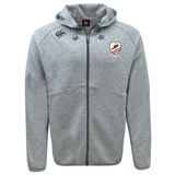 The West Potomac RFC Tempo Vapodri Full-Zip Hoodie by EMB Canterbury is a light gray hoodie with a hood, adjustable drawstrings, left chest logo, and right chest shield emblem. Its Vapodri fabric wicks moisture for all-day comfort.