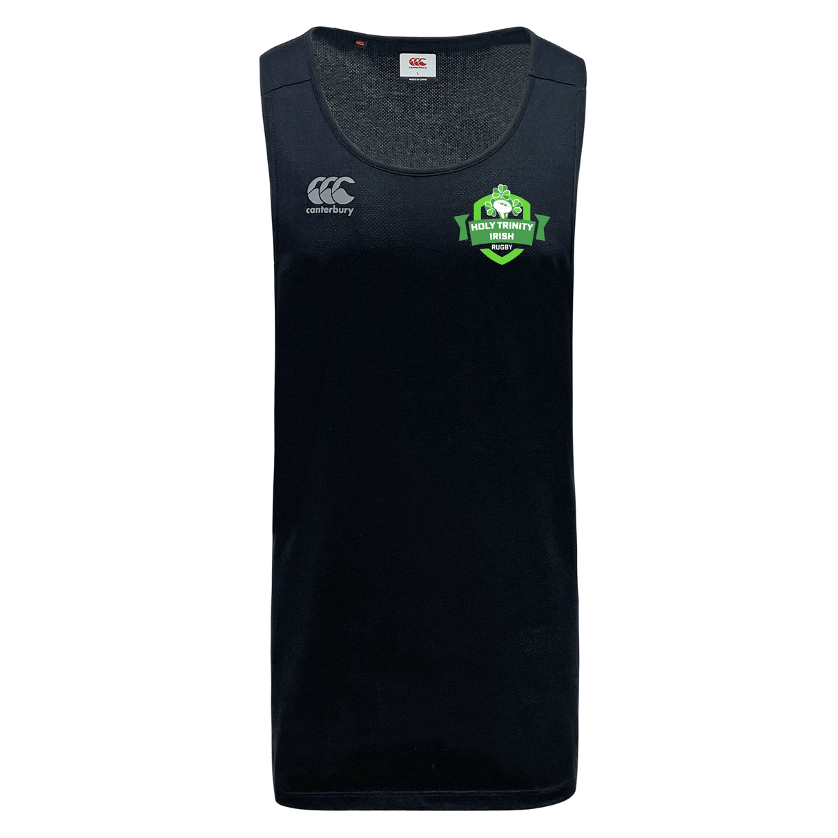 This Holy Trinity Rugby Canterbury Tempo Vapodri Singlet tank top features moisture-wicking fabric and a green WRS Canterbury logo.