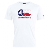 The Canterbury Texas CCC Flag Club T-shirt by WRS Canterbury features a white design with a red and navy logo and text on the front, plus a small black sleeve logo—a classic look reflecting rugby pride.