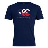 Show your rugby pride in the Canterbury Texas CCC Flag Club T-shirt by WRS Canterbury, featuring a navy blue design with the iconic logo in red, white, and blue plus "canterbury" printed below.
