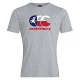 Show your rugby pride with the WRS Canterbury Texas CCC Flag Club T-shirt, featuring short sleeves and a grey design with the red, white, and blue CCC Flag Club logo plus "canterbury" in red below.