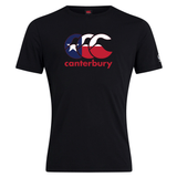 Show your rugby pride with the WRS Canterbury Texas CCC Flag Club T-shirt, a black short-sleeve tee featuring the iconic red, white, and blue Flag Club logo above "canterbury" on the chest.