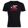 Show your rugby pride with the WRS Canterbury Texas CCC Flag Club T-shirt, a black short-sleeve tee featuring the iconic red, white, and blue Flag Club logo above "canterbury" on the chest.