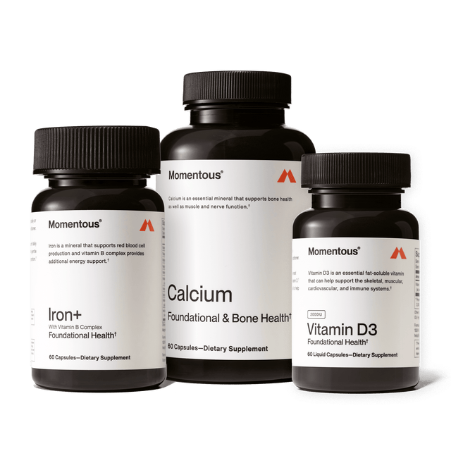Three bottles of Momentous The Women’s Three™ by Momentous are shown, featuring Iron+, Calcium, and Vitamin D3 supplements as a daily health system for women against a plain background.