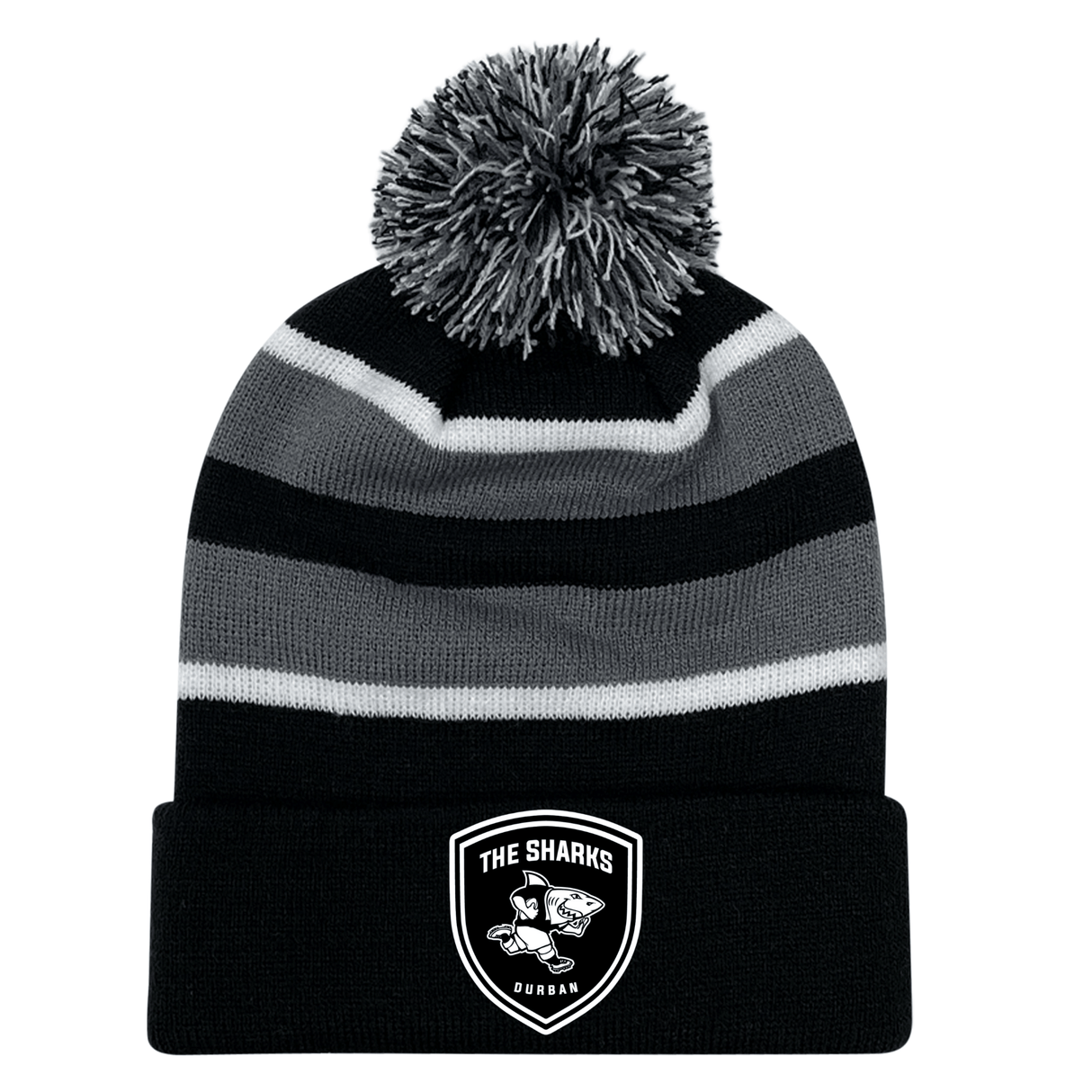 A black and grey striped Sharks Crest Hooped Pom-Pom Beanie, perfect for rugby fans and Sharks enthusiasts, made by EMB Augusta.