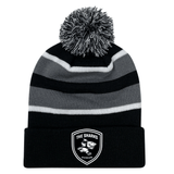 A black and grey striped Sharks Crest Hooped Pom-Pom Beanie, perfect for rugby fans and Sharks enthusiasts, made by EMB Augusta.