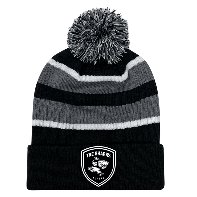 A black and grey striped Sharks Crest Hooped Pom-Pom Beanie, perfect for rugby fans and Sharks enthusiasts, made by EMB Augusta.