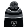 A black and grey striped Sharks Crest Hooped Pom-Pom Beanie, perfect for rugby fans and Sharks enthusiasts, made by EMB Augusta.