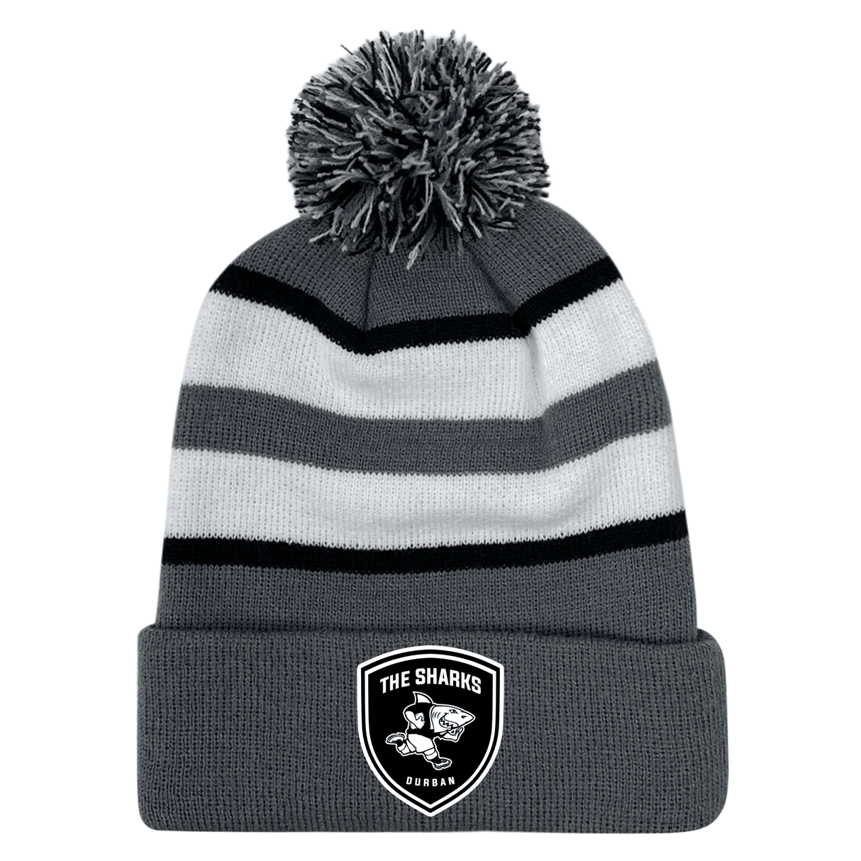 A grey and white striped Sharks Crest Hooped Pom-Pom Beanie by EMB Augusta.