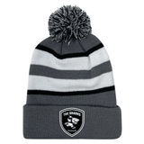 A grey and white striped Sharks Crest Hooped Pom-Pom Beanie by EMB Augusta.