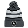 A grey and white striped Sharks Crest Hooped Pom-Pom Beanie by EMB Augusta.
