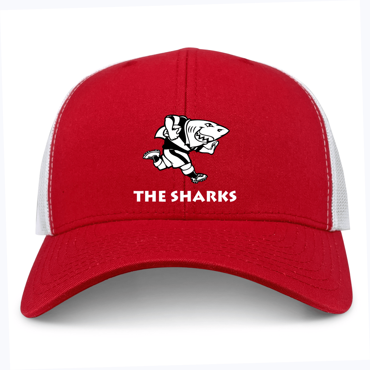 The Sharks Retro Trucker Cap by EMB S&S Activewear features a cartoon shark over "THE SHARKS" on the front, red and white panels, an adjustable snapback closure, and is made to order for a custom fit.