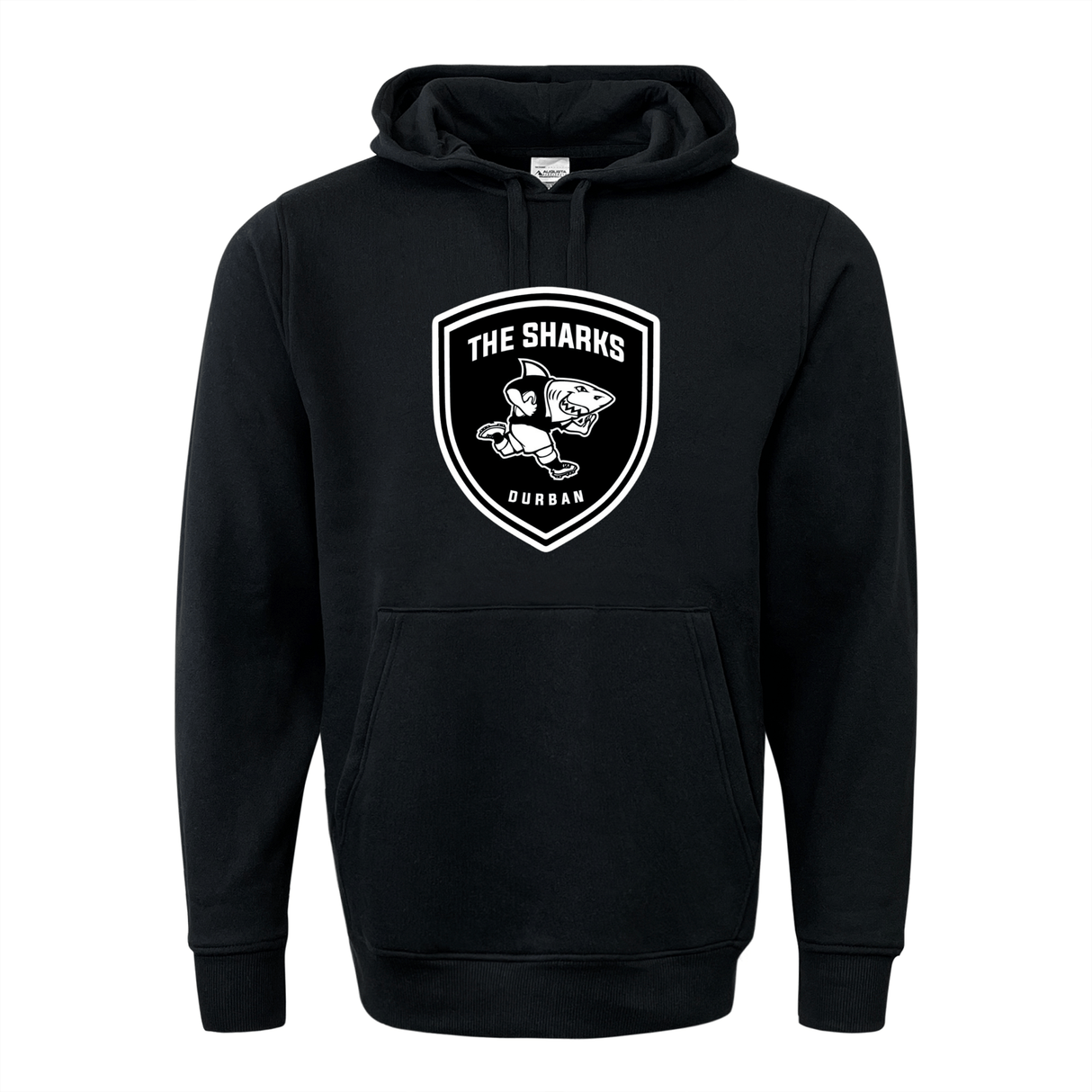 A South Africa rugby black hoodie with The Sharks Crest 60/40 Pullover Hoodie logo on it, made by WRS Augusta.