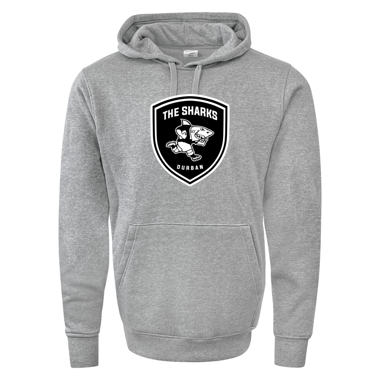 A grey WRS Augusta 60/40 pullover hoodie with The Sharks Crest representing South Africa rugby in black and white.