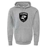 A grey WRS Augusta 60/40 pullover hoodie with The Sharks Crest representing South Africa rugby in black and white.