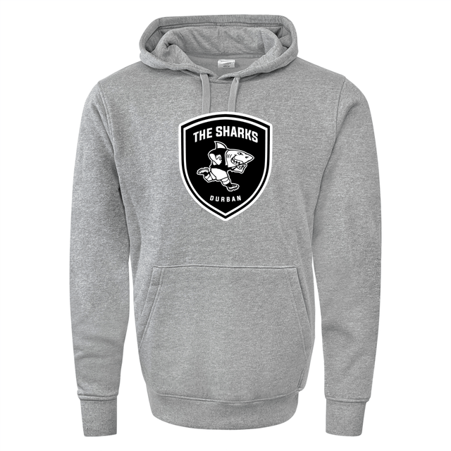 A grey WRS Augusta 60/40 pullover hoodie with The Sharks Crest representing South Africa rugby in black and white.