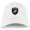 A white Sharks Crest Cotton Twill Dad Cap with an embroidered black crest featuring EMB Alpha Broder branding.