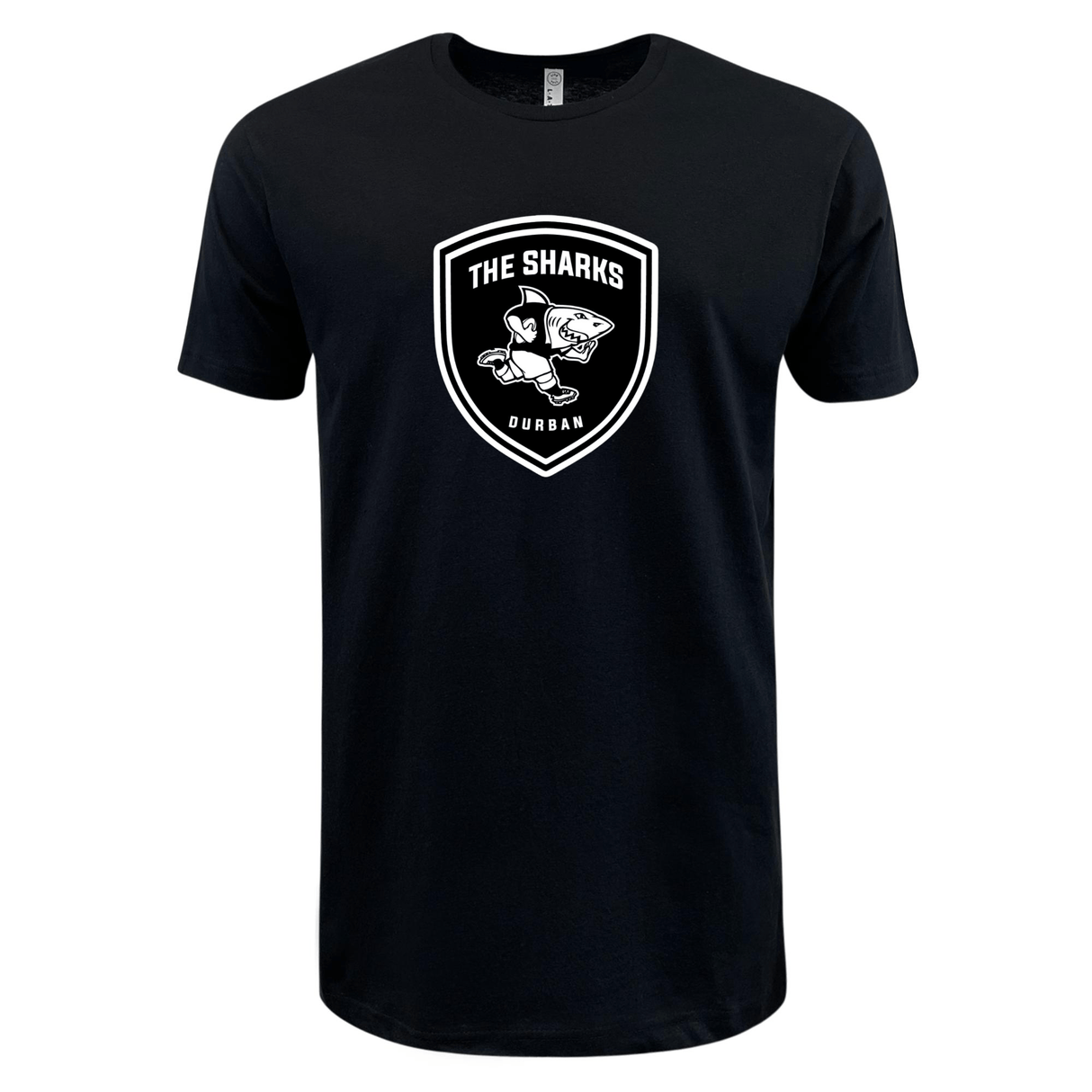 A lightweight black Sharks Crest Supersoft T-Shirt with a white Sharks crest, perfect for South Africa rugby fans. (Brand: WRS LAT)