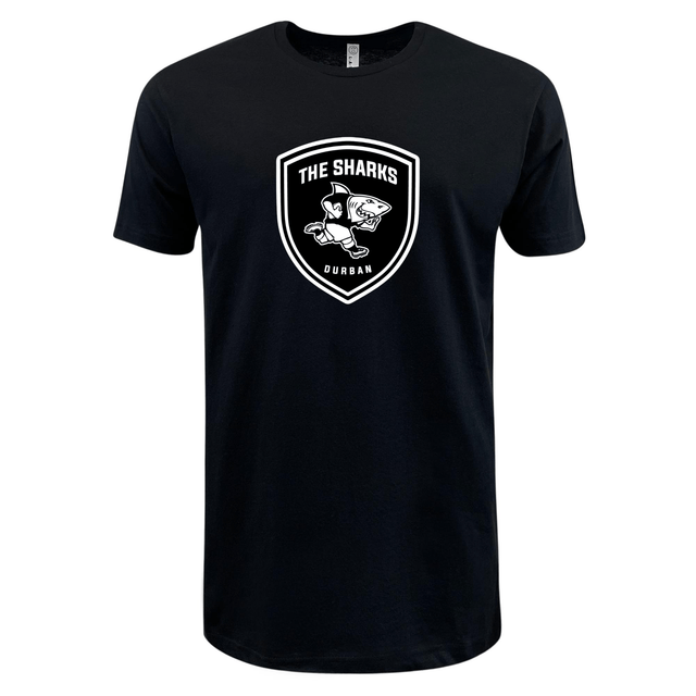 A lightweight black Sharks Crest Supersoft T-Shirt with a white Sharks crest, perfect for South Africa rugby fans. (Brand: WRS LAT)