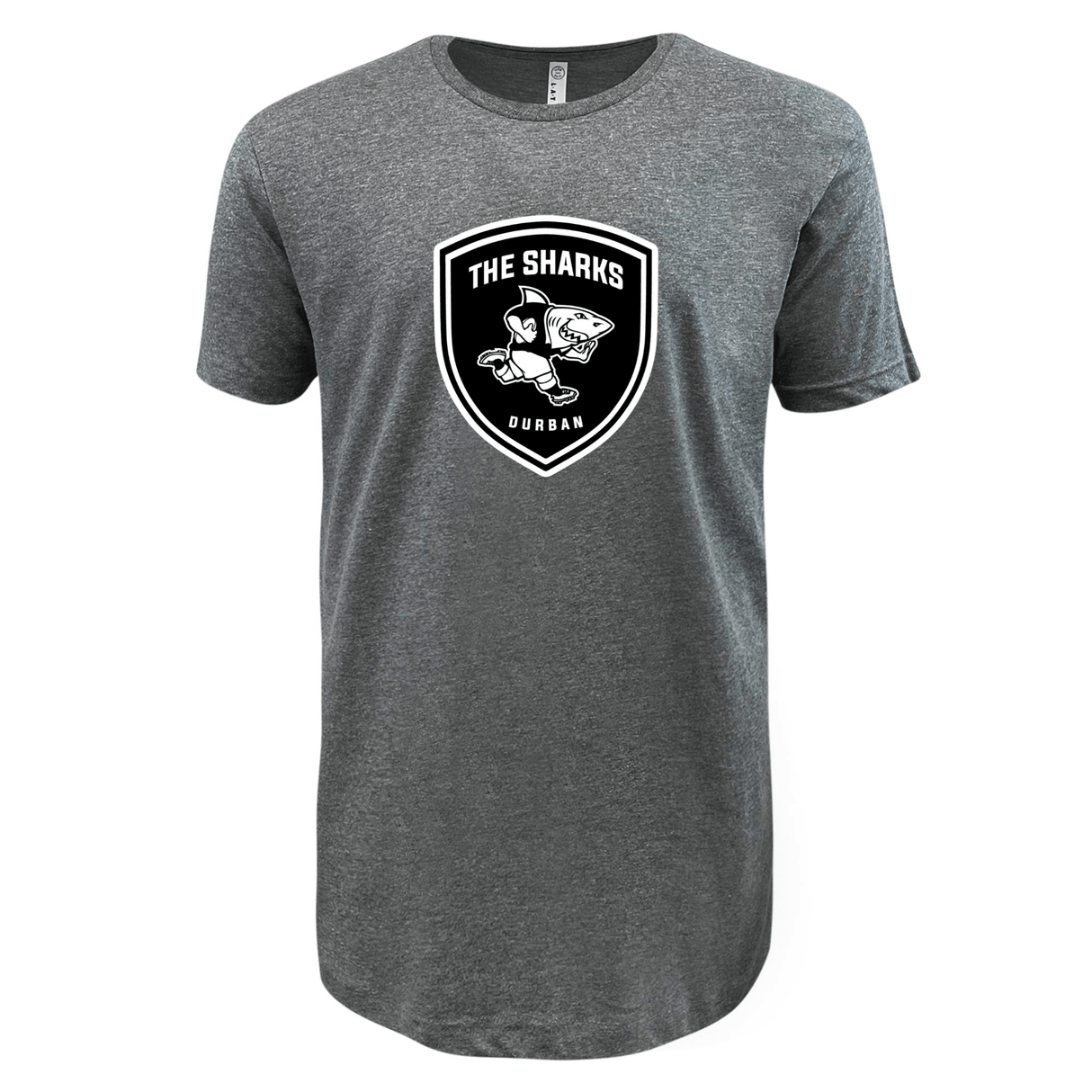 A gray lightweight tee with the WRS LAT Sharks Crest Supersoft T-Shirt logo on it, perfect for South Africa rugby fans.