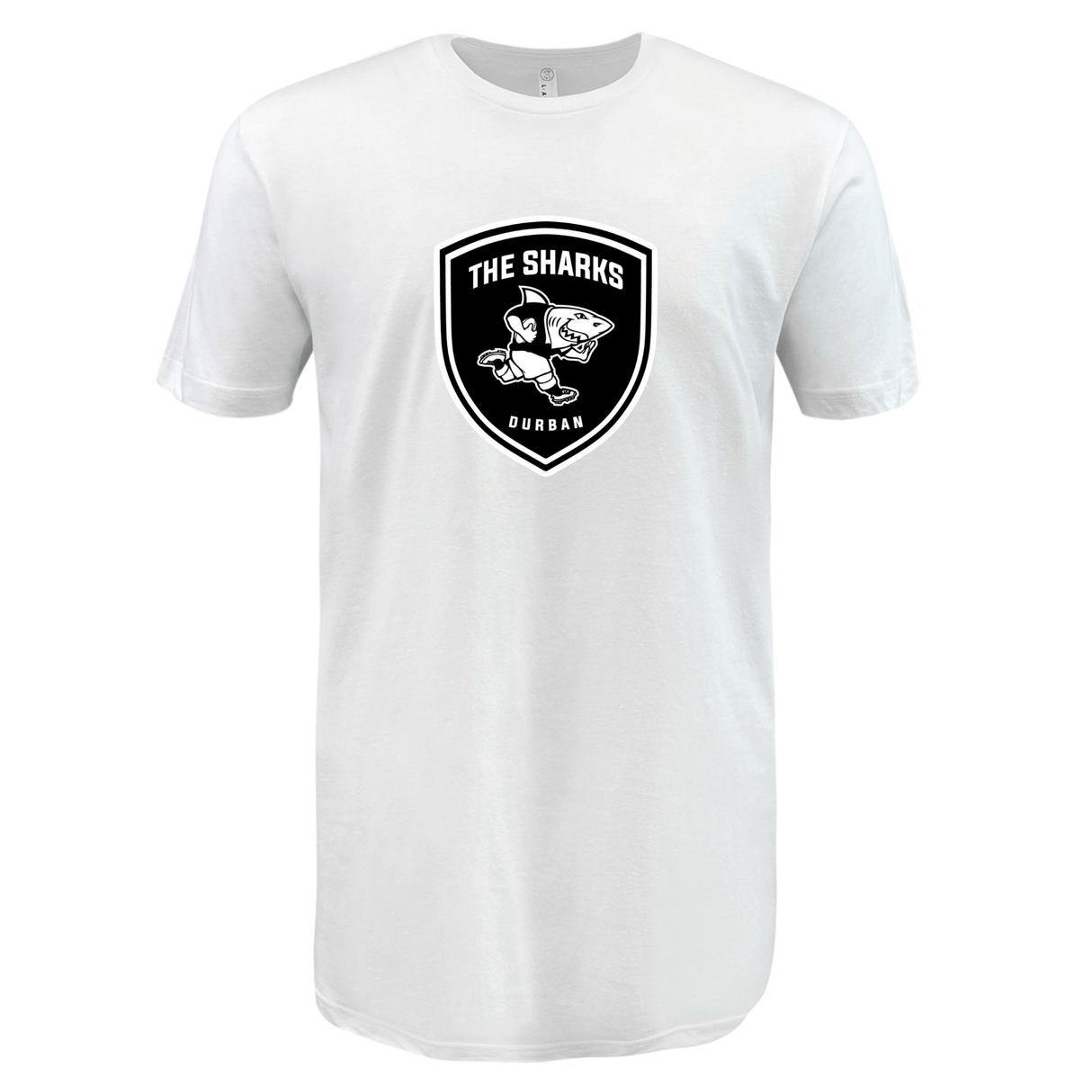A lightweight white long-sleeve tee featuring the South Africa rugby fans' favorite Sharks Crest logo in black and white - The WRS LAT Sharks Crest Supersoft T-Shirt.