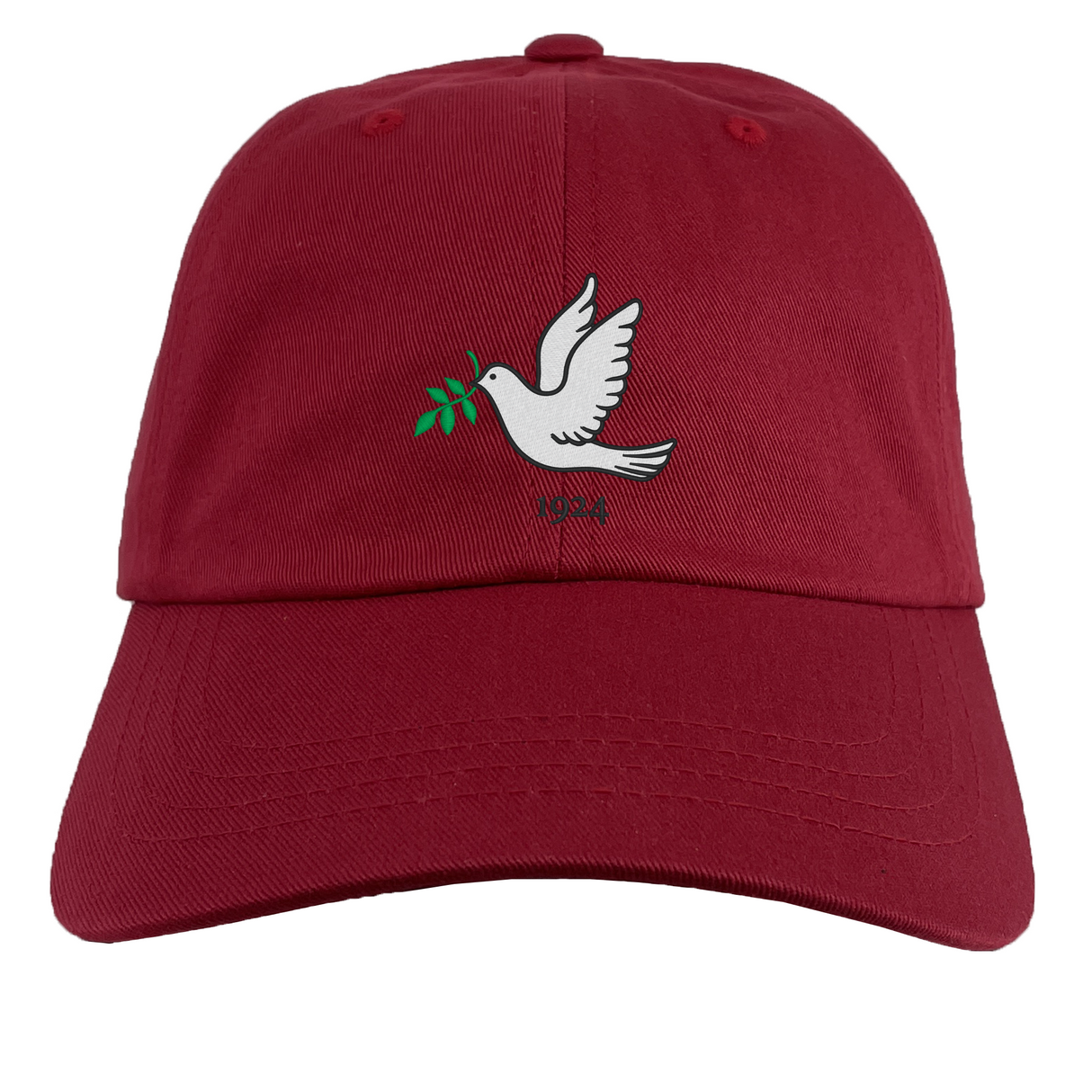 The Nations of Rugby Tonga Vintage Dad Cap by EMB Alpha Broder is a vibrant red dad cap featuring an embroidered design of a white dove holding a green branch.