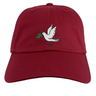 The Nations of Rugby Tonga Vintage Dad Cap by EMB Alpha Broder is a vibrant red dad cap featuring an embroidered design of a white dove holding a green branch.