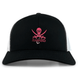 Black and white SUNY Maritime Retro Trucker Cap with an embroidered skull and crossed swords design, labeled "mariners," on a white background. (Brand: EMB Alpha Broder)