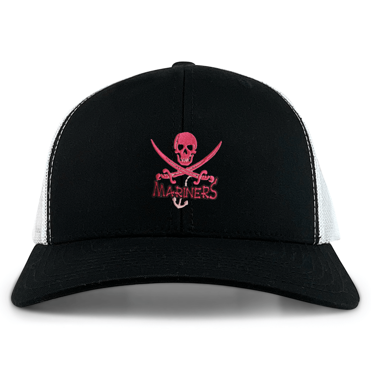 Black and white SUNY Maritime Retro Trucker Cap with an embroidered skull and crossed swords design, labeled "mariners," on a white background. (Brand: EMB Alpha Broder)
