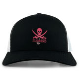 Black and white SUNY Maritime Retro Trucker Cap with an embroidered skull and crossed swords design, labeled "mariners," on a white background. (Brand: EMB Alpha Broder)