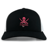 Black and white SUNY Maritime Retro Trucker Cap with an embroidered skull and crossed swords design, labeled "mariners," on a white background. (Brand: EMB Alpha Broder)