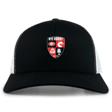 The Rye High School Rugby Retro Trucker Cap by EMB S&S Activewear features black and white panels, a "Rye Rugby" crest with logos and "EST 2014", made from a cotton-poly blend with an adjustable snapback closure.