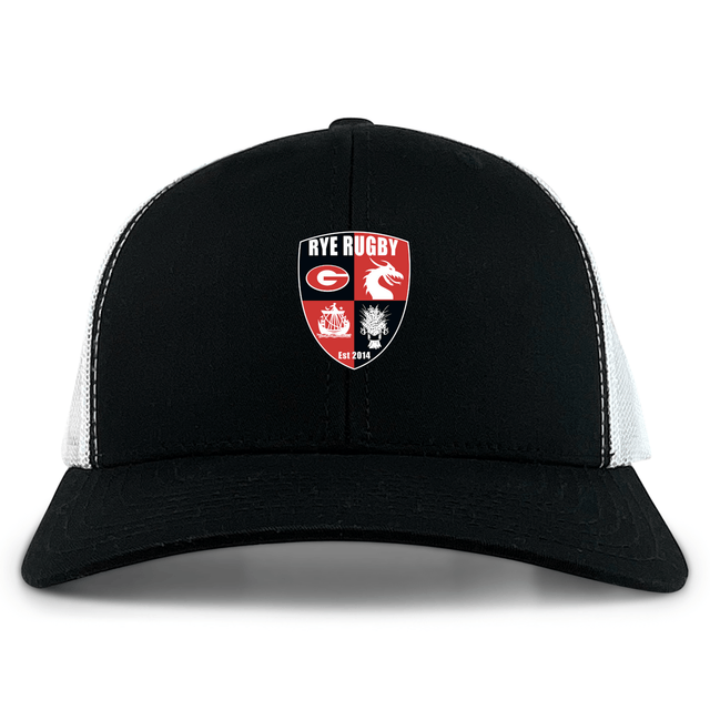 The Rye High School Rugby Retro Trucker Cap by EMB S&S Activewear features black and white panels, a "Rye Rugby" crest with logos and "EST 2014", made from a cotton-poly blend with an adjustable snapback closure.