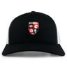 The Rye High School Rugby Retro Trucker Cap by EMB S&S Activewear features black and white panels, a "Rye Rugby" crest with logos and "EST 2014", made from a cotton-poly blend with an adjustable snapback closure.