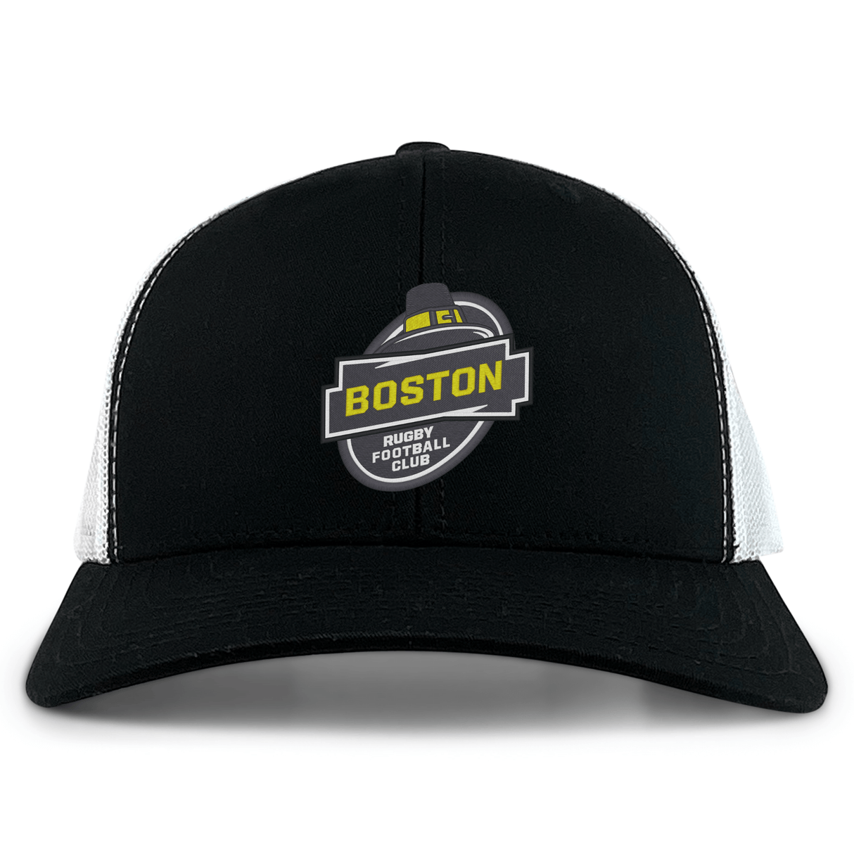 The Boston RFC Retro Trucker Cap by EMB S&S Activewear is a black and white cap with an embroidered Boston Rugby Football Club logo on the front and a snapback closure for adjustable fit.
