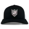 The Troy University Rugby Retro Trucker Cap by EMB S&S Activewear is a black and white cap with an embroidered crest on the front and a snapback closure for adjustable comfort.