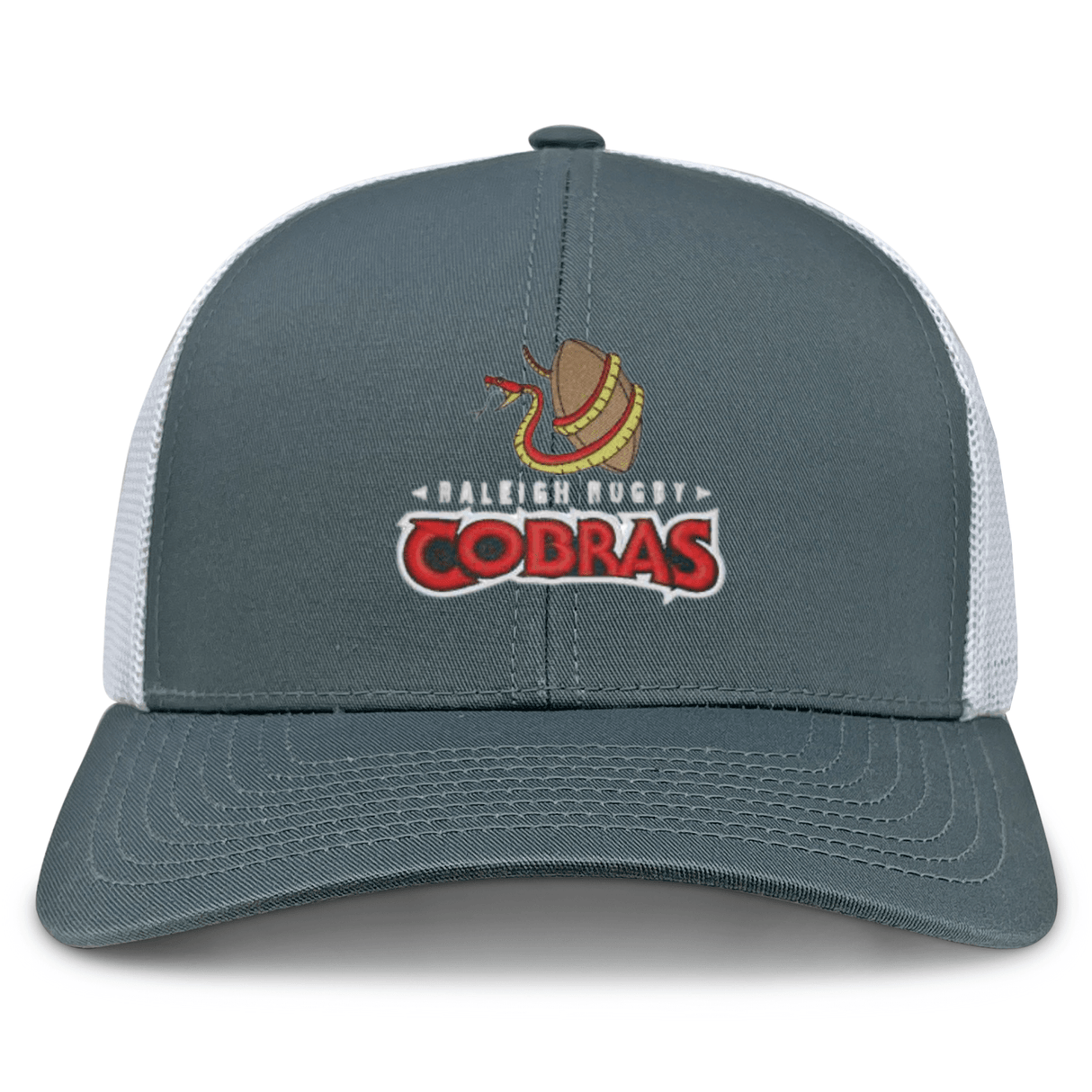 A Raleigh Cobras Rugby Retro Trucker Cap by EMB Alpha Broder, a retro grey and white hat with the word cobras on it.